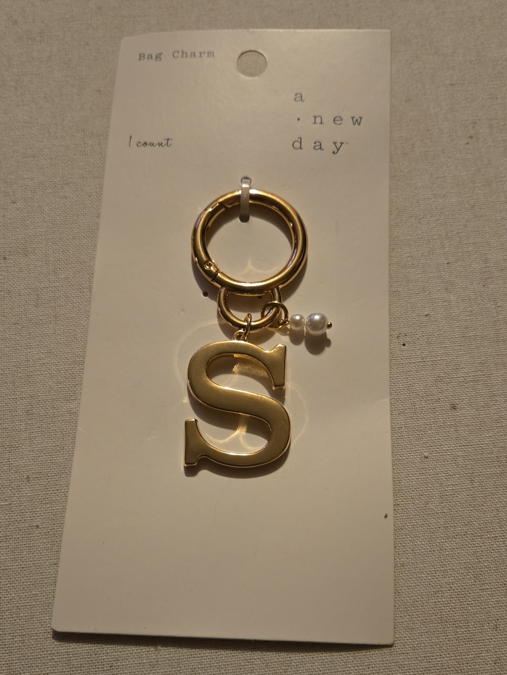 a new day Gold 'S' Initial Key & Bag Charm with Pearls 1107